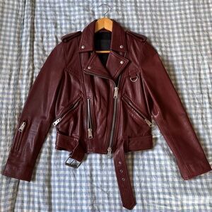 All Saints Lamb Leather Burgundy Biker Jacket